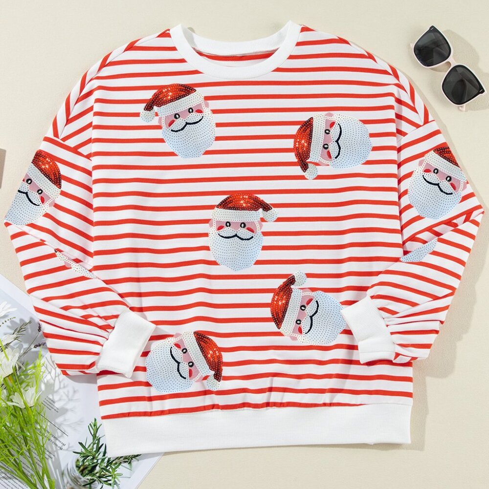 B311 Stripe Sequin Santa Claus Christmas Pullover Sweatshirt - Picture 5 of 5